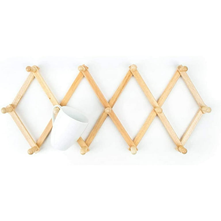 2 Pack Wood Expandable Peg Rack Multi Purpose Accordion Wall Hangers with 13 Hooks for Hats Coat Mugs Scarf Jewelry Storage