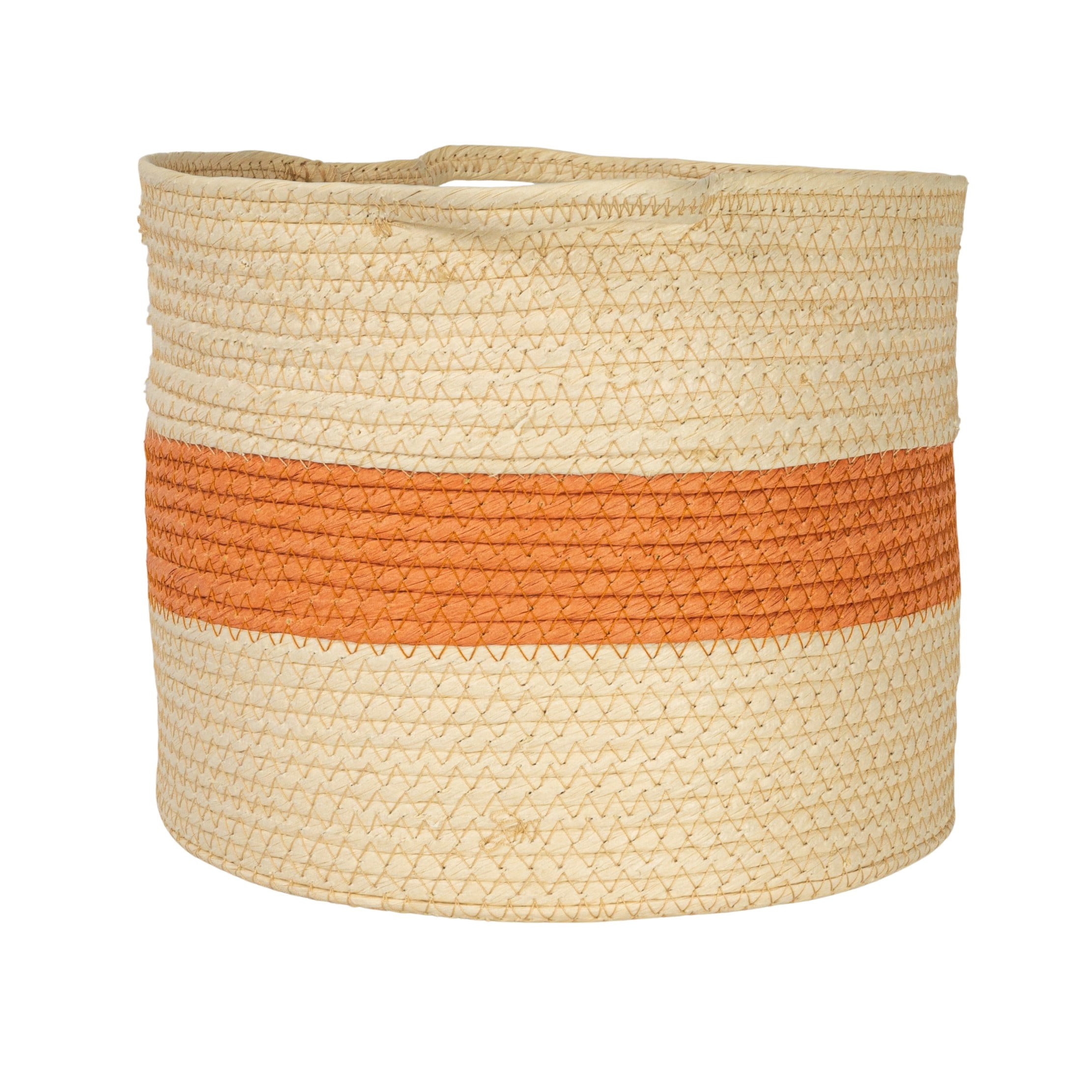 Household Essentials Round Handwoven Paper Rope Basket with Terracotta Stripe and Handles, Natural
