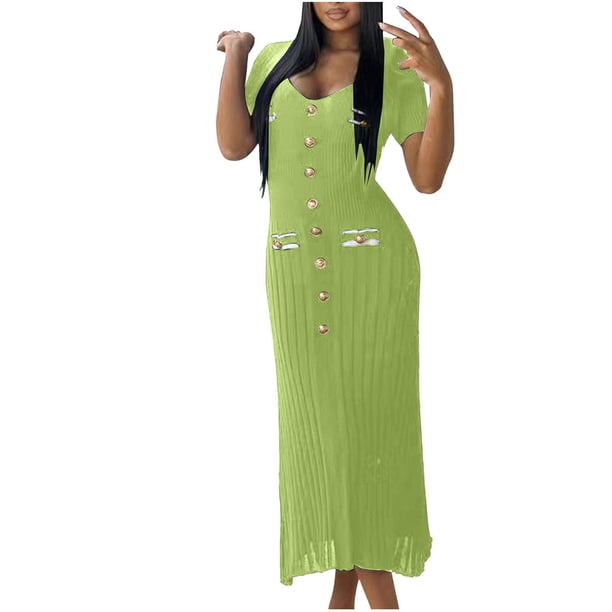 Vestido de Manga Corta para las Mujeres Color Sólido Ajustado V-Cuello Onda Falda Doblado, de Punto Sudadera Falda Larga