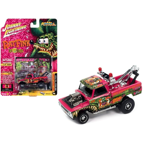 1965 Chevrolet Tow Truck "Rat Fink - Took the Bait" Fink Pink w/Graphics 1/64 Diecast Model Car by Johnny Lightning