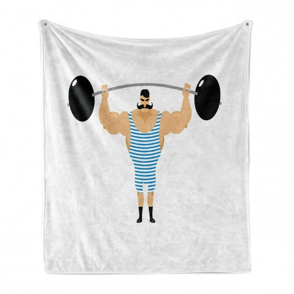 Circus Soft Flannel Fleece Throw Blanket, Comic Retro Strong Muscular Bodybuilder with Moustache Doing Weightlifting Sport, Cozy Plush for Indoor and Outdoor Use, 70" x 90", Multicolor, by Ambesonne