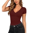 thumbnail image 5 of Xaqiouau Womens V Neck Tops Short Sleeve Ruched Slim Fitted Shirts Going Out Dressy Solid Blouses Summer Basic Tees, 5 of 8