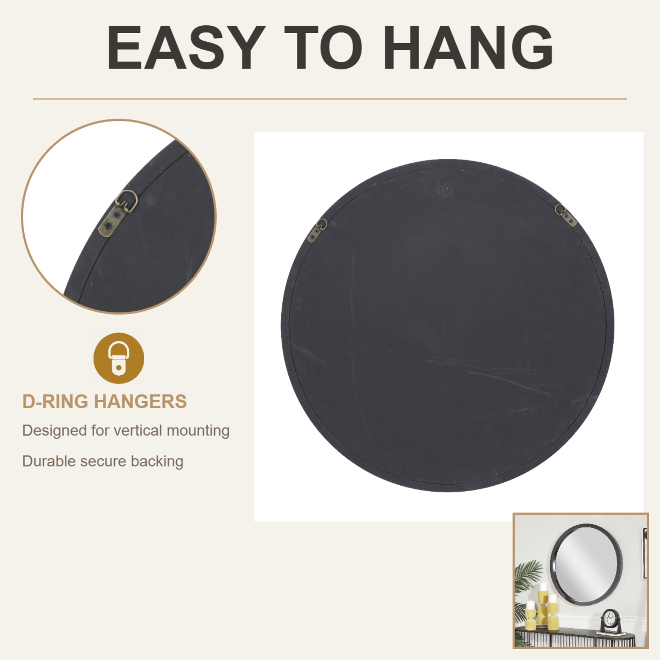 DecMode 30" x 30" Black Wall Mirror with Thin Frame