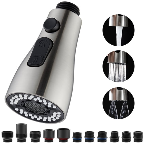 Kitchen Faucet Pull Down Sprayer Head Replacement 3 Functions with 15 Adapters Brushed Nickel