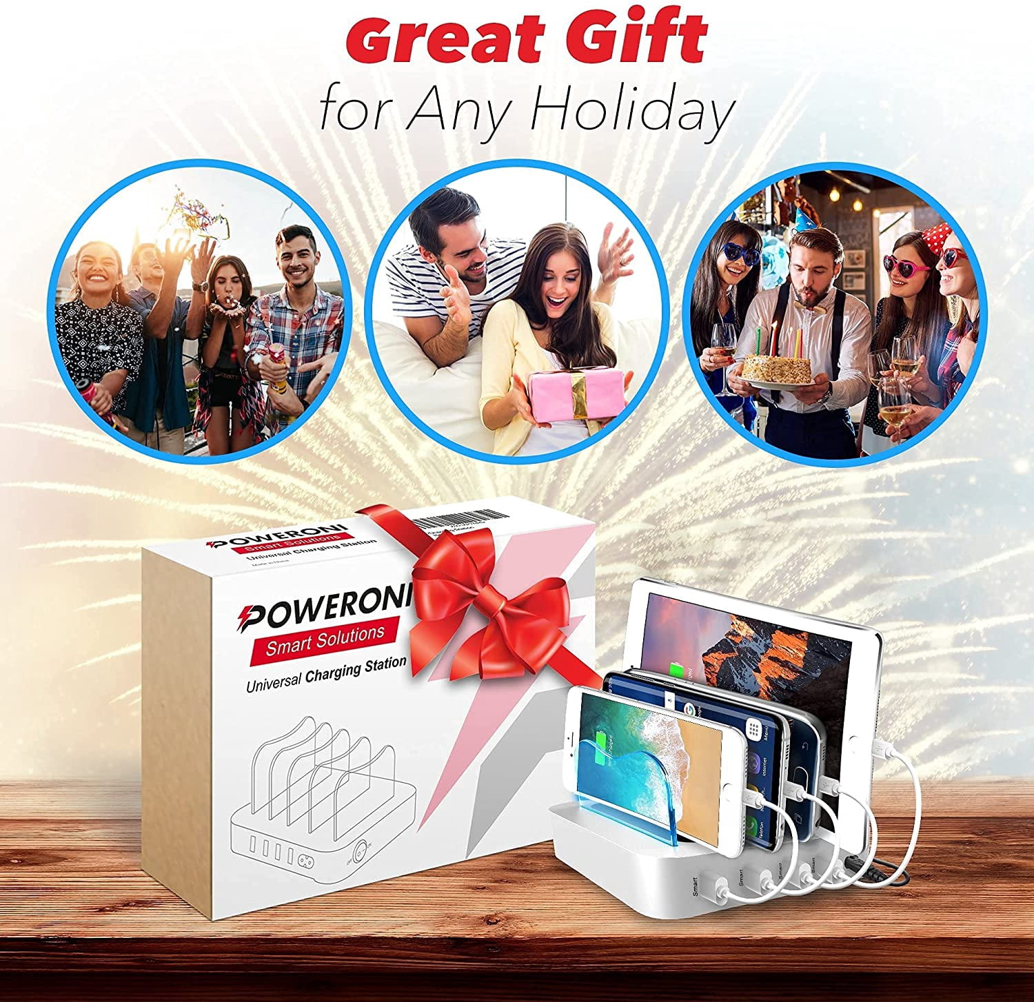 Poweroni USB Charging Station Dock - Fast Charge Docking Station for Multiple Devices - Multi Device Charger Organizer - Compatible with Apple and Android (Silver 4-Port)