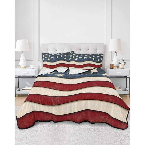 Quilts Twin XL Size, Retro American Flag Soft Comforter Bedding Set for Bed, White Star Red Blue US Flag Lightweight Quilted Bedspread with Pillow Cover(2 Pieces) for All Season, 68x98 Inch