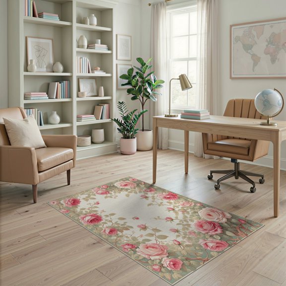 ODIKA 4'x6' Machine Washable Non-Slip Area Rug, Blossoming Garden Delight Accent with Delicate Rose High Traffic Rug, Pink, 218874