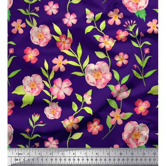 Soimoi Purple Silk Fabric Periwinkle & Peony Floral Printed Craft Fabric by the Yard 42 Inch Wide