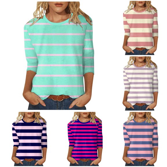 ZHOGXU Womens Summer Tops 3/4 Sleeve Crew Neck Striped Printed Loose Fit Soft T Shirt Basic Tees For Casual Daily Wear,Mint Green,XL