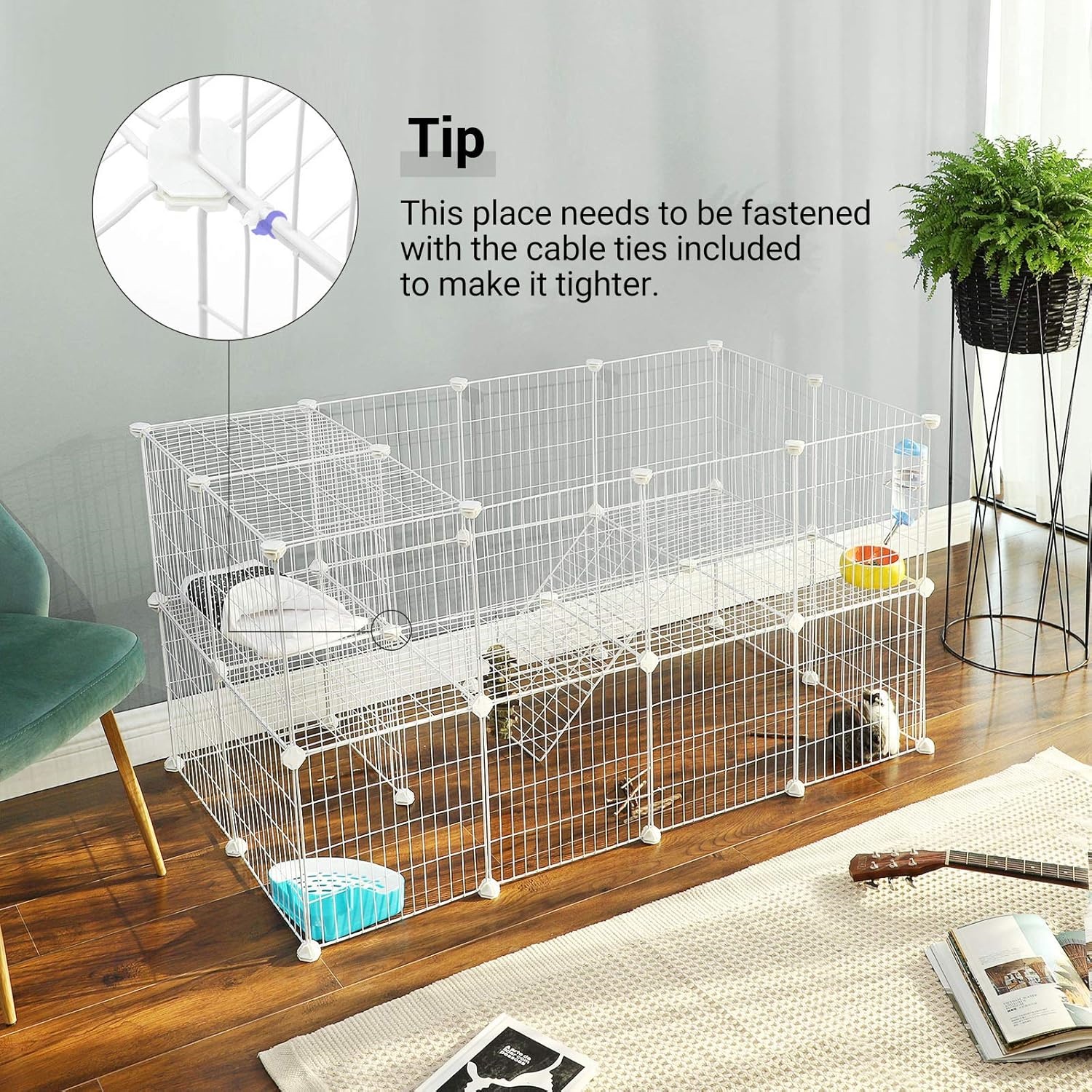 36 Panels Pet Playpen, Small Animal Playpen, Rabbit Guinea Pig Cage, Zip Ties Included, Metal Wire Apartment-Style Two-Story Pet Premium Villa for Bunnies Puppies, Indoor Use, White