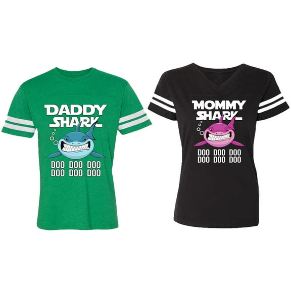 Dady Mama Shark Matching Couple Cotton Jerseys (Men Green / Women Black) (Men S / Women S)