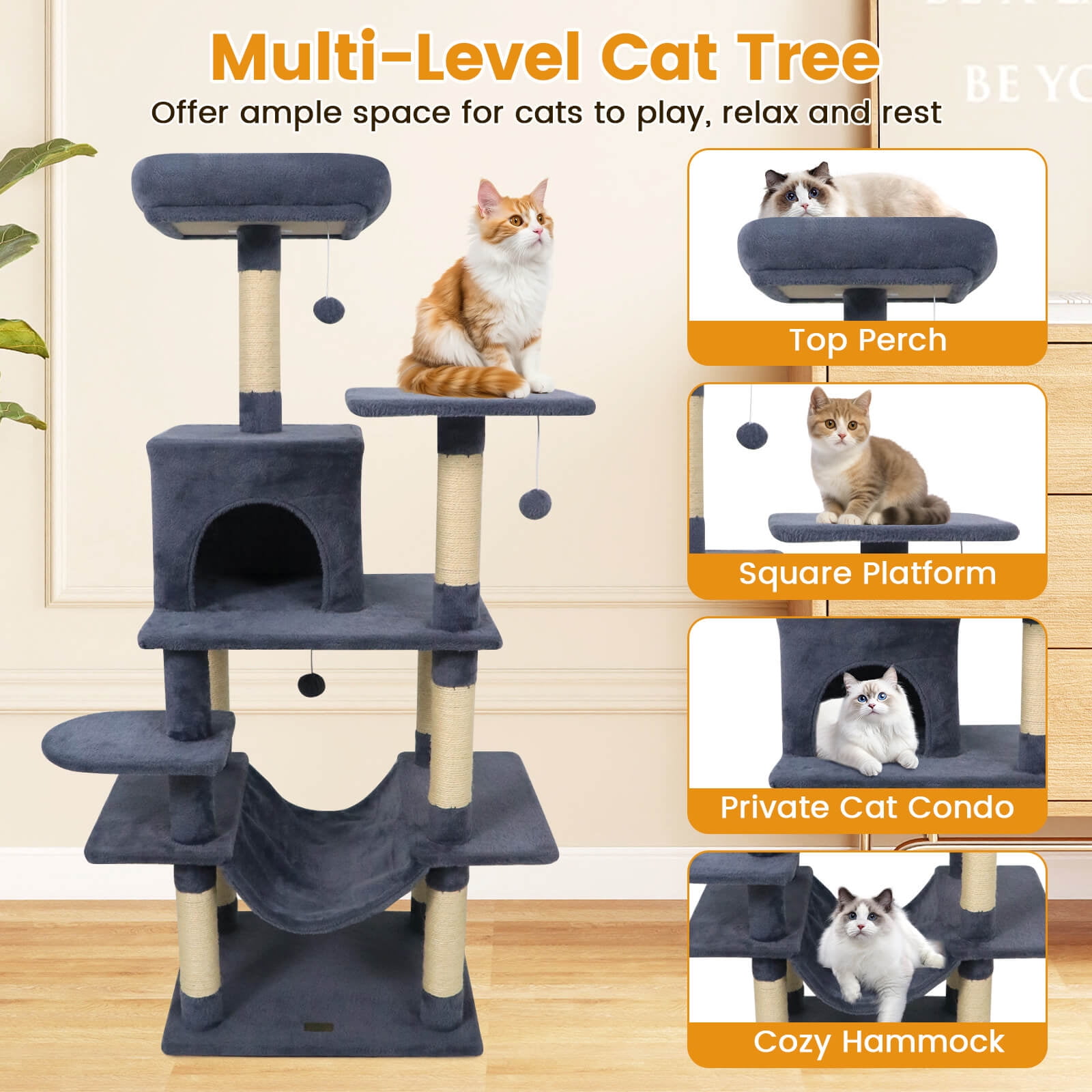 Costway 58” Tall Multi-level Cat Tree with Upholstered Perch & Cat Condo, Comfy Hammock Dark Gray