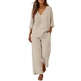 thumbnail image 2 of Cagogo Women Plus Size V Neck 3/4 Sleeve T Shirt Wide Leg Pants Two Piece Set Solid Boho Lounge Wear Casual Loose Outfits Spring Summer Travel Clothes, Beige 3XL, 2 of 5