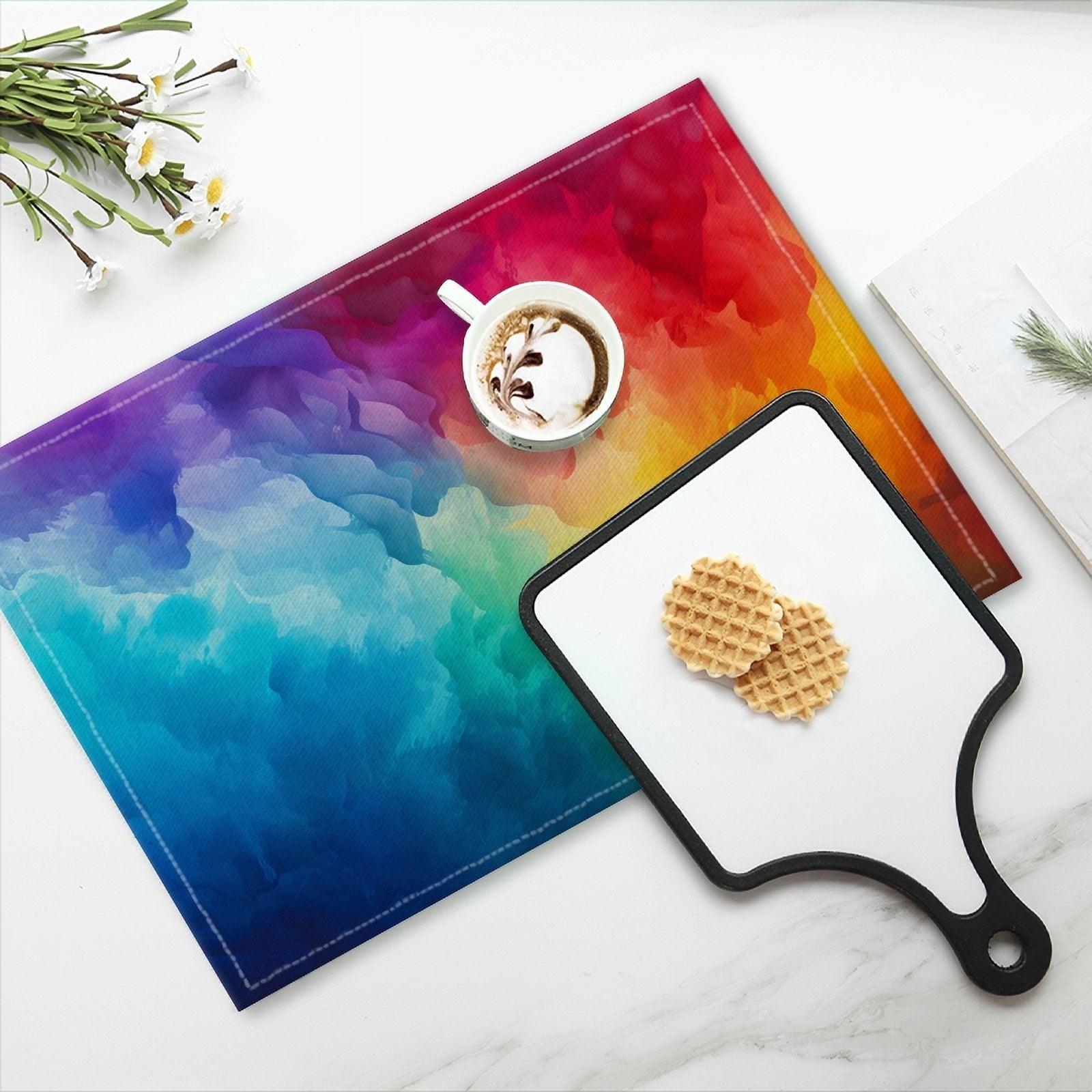 BaHomeck placemats Set of 4 Abstract Background With Rainbow-Colored Clouds In Watercolor Style Cotton Linen rectangle Placemats for Kitchen Dining Table Indoor,Outdoor,18*12inch
