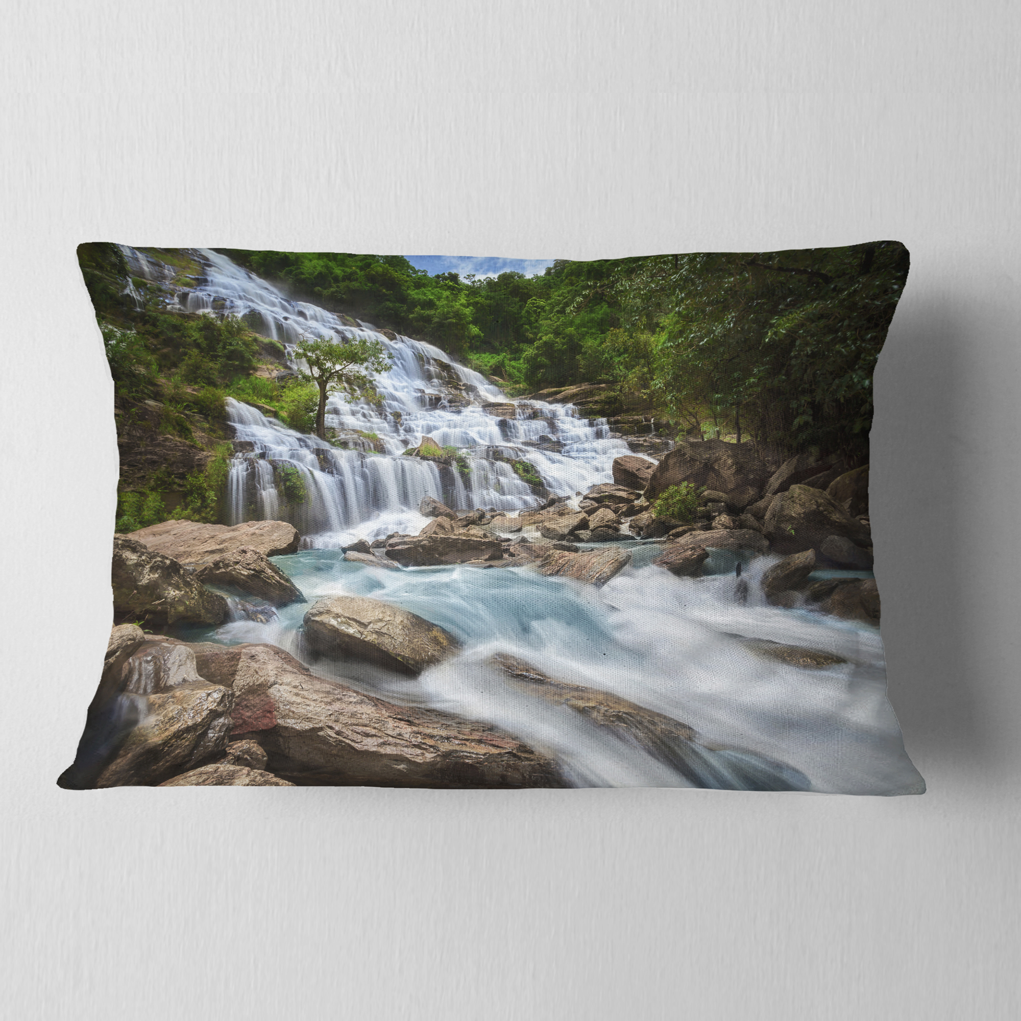 Designart White Mae Ya Waterfall Landscape - Photography Throw Pillow - 12x20