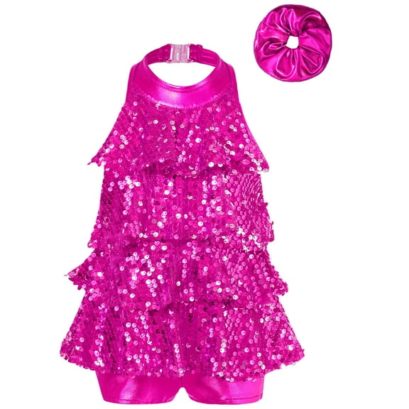 LiiYii Kids Girls Sequin Dance Outfits Festival Performance Sleeveless Dance Leotard Dress Ballroom Salsa Rose 14