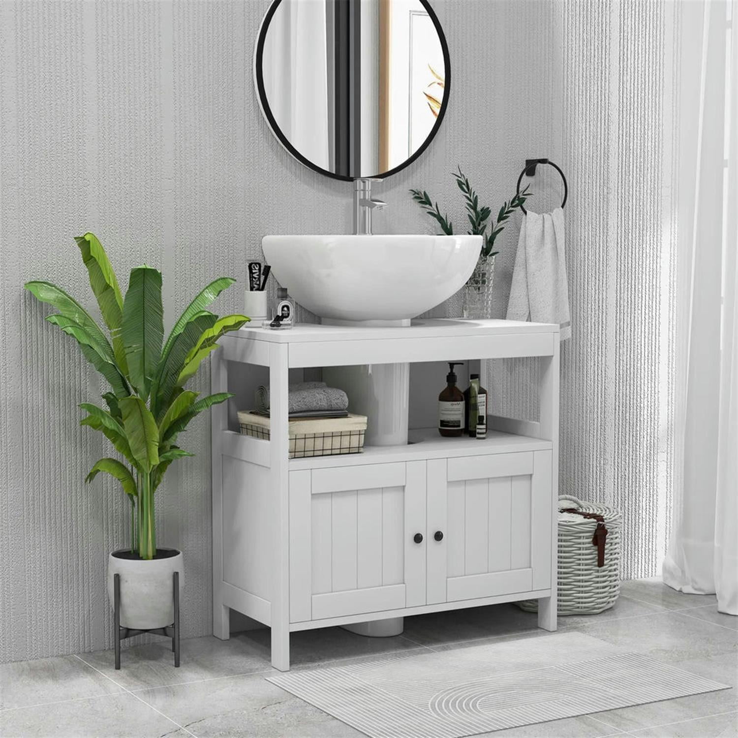 Demi Bonn 23" Modern Bathroom Vanity with U-Shape Cut-Out and Open Shelf, Pedestal Sink 2-Door Cabinet, Under Sink Cabinet, White
