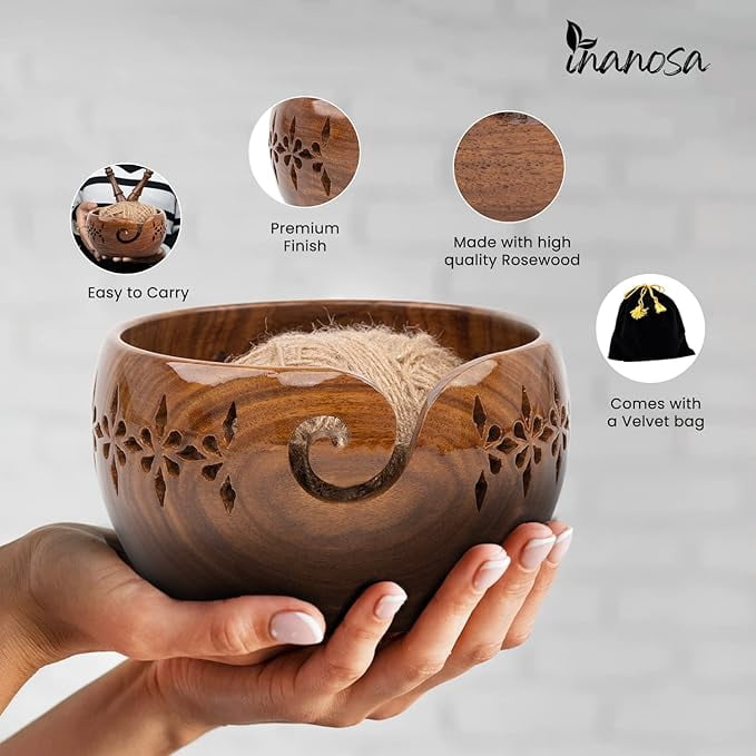 Inanosa 7x4 Inches Rosewood Yarn Bowl for Crocheting with 5,6 mm Crochet Hook, Preventing Slipping and Tangles | Best Gift from Craft Supplies for Crochet Lovers - Adults and Beginners | Brown, 1 Pc