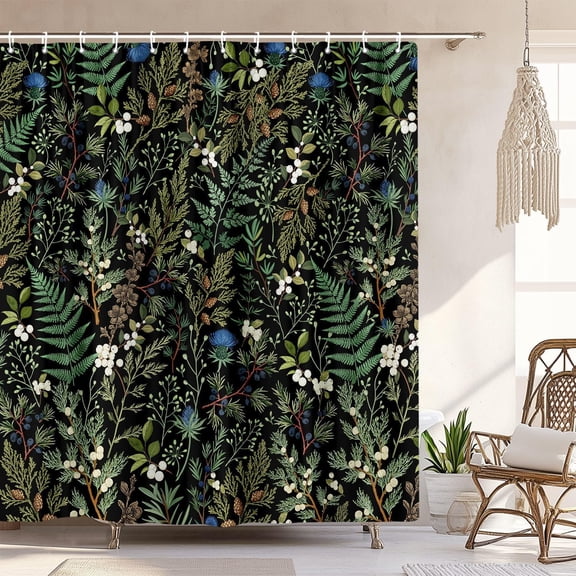 Vintage Botanical Shower Curtain, Elegant Boho Gothic Dark Green Ferns Floral Leaves Shower Curtain for Bathroom, Retro Whimsical Cottage Core Wildflower Farmhouse Curtain Bathroom Accessories 72X72