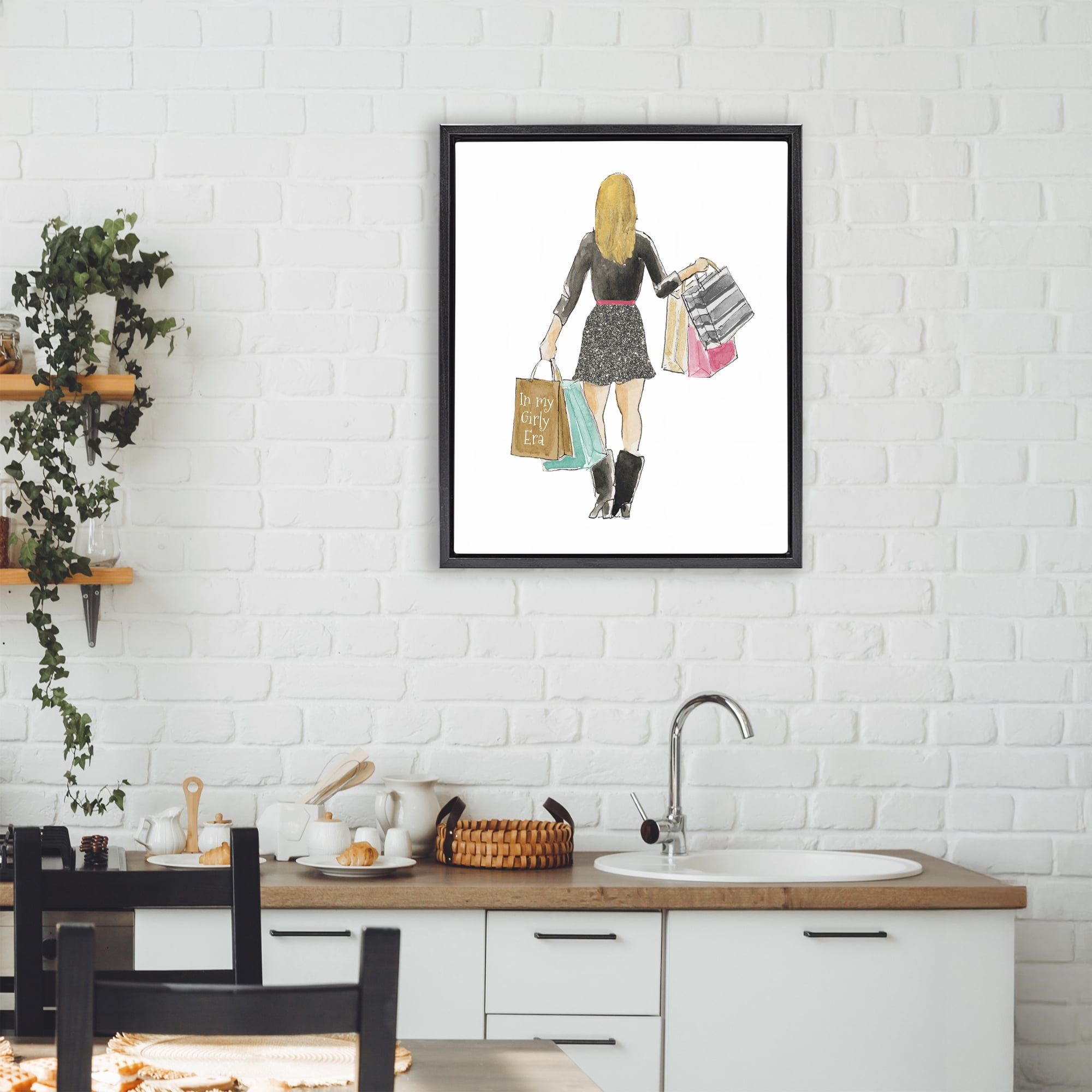 Stupell Industries Girl With Shopping Bags Black Framed Floater Canvas Wall Art, design by Lanie Loreth