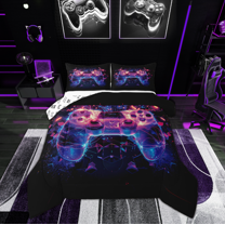 Manfei Dreamy Plum Gamepad Queen Comforter Set, Neon Square Geometric Bedding Sets, Teen Boy Kid Child Reversible Bedding Comforter Set, Luxury Bedroom Decor, 3 Pieces