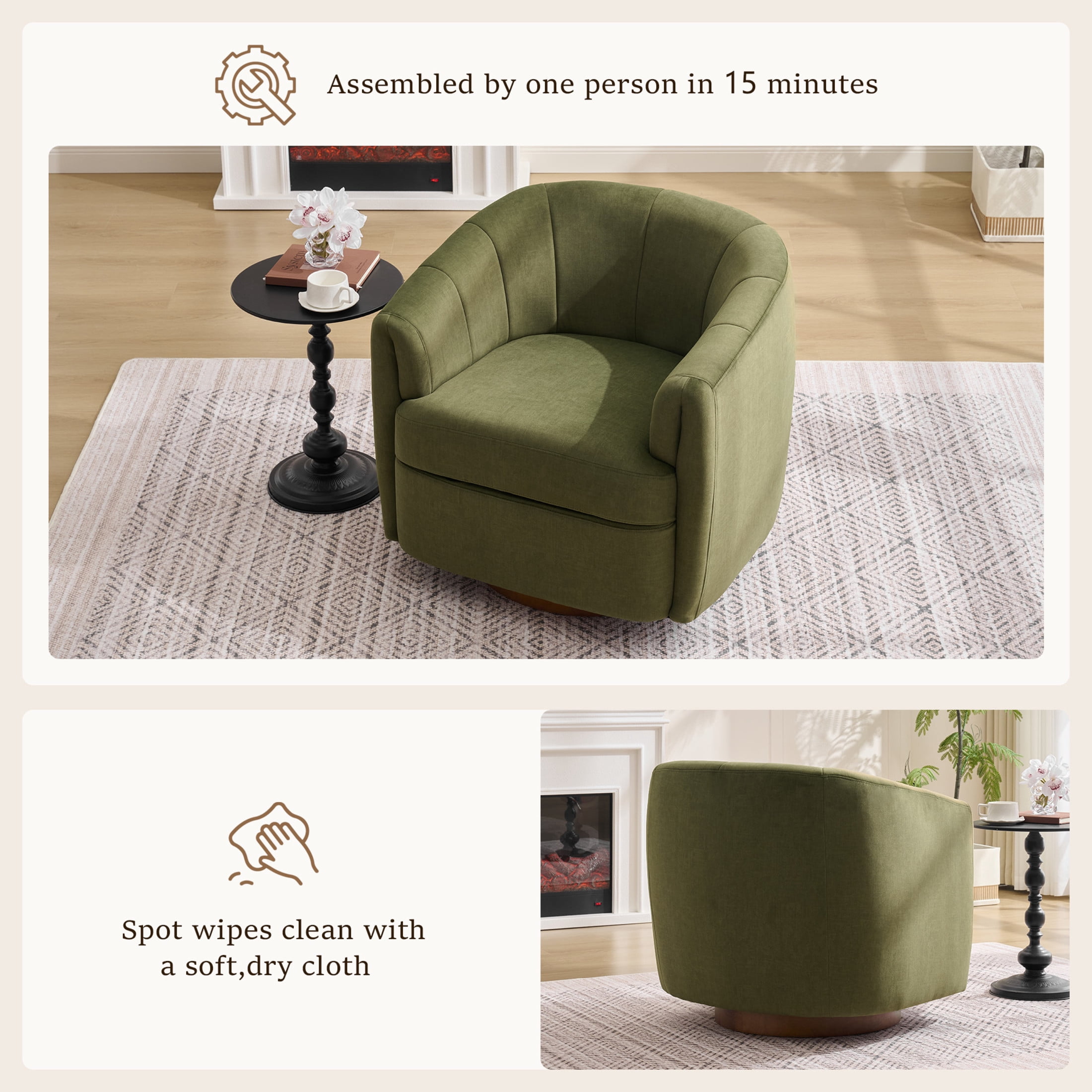 Noble House Swivel Accent Chair with Solid Wood Base, Velvet Upholstered Armchair for Living Room, Green