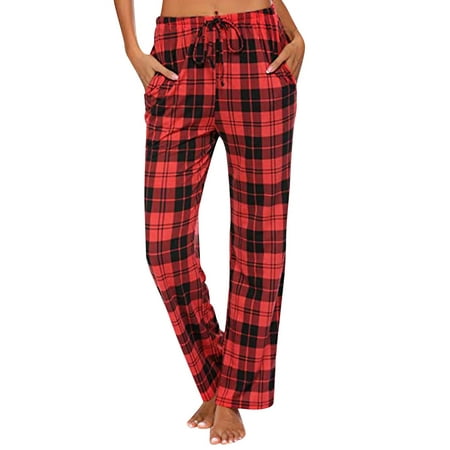 

ZXZY Women Buffalo Plaid Print Pockets Tie Waist Long Pajama Pants