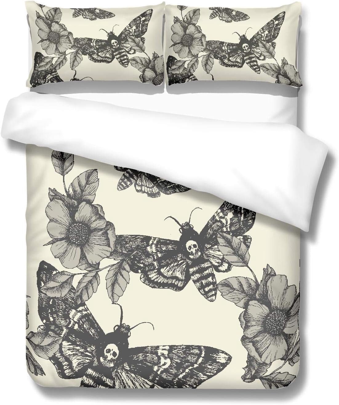 Death Skull and Flower Cream Duvet Cover Queen Size for Kids Teens Adults Home Room Decor,  Boho Gothic Skull Bedding Set 3pcs, Halloween Themed Comforter Cover Horror Room Quilt Cover, 2 Pillowcases
