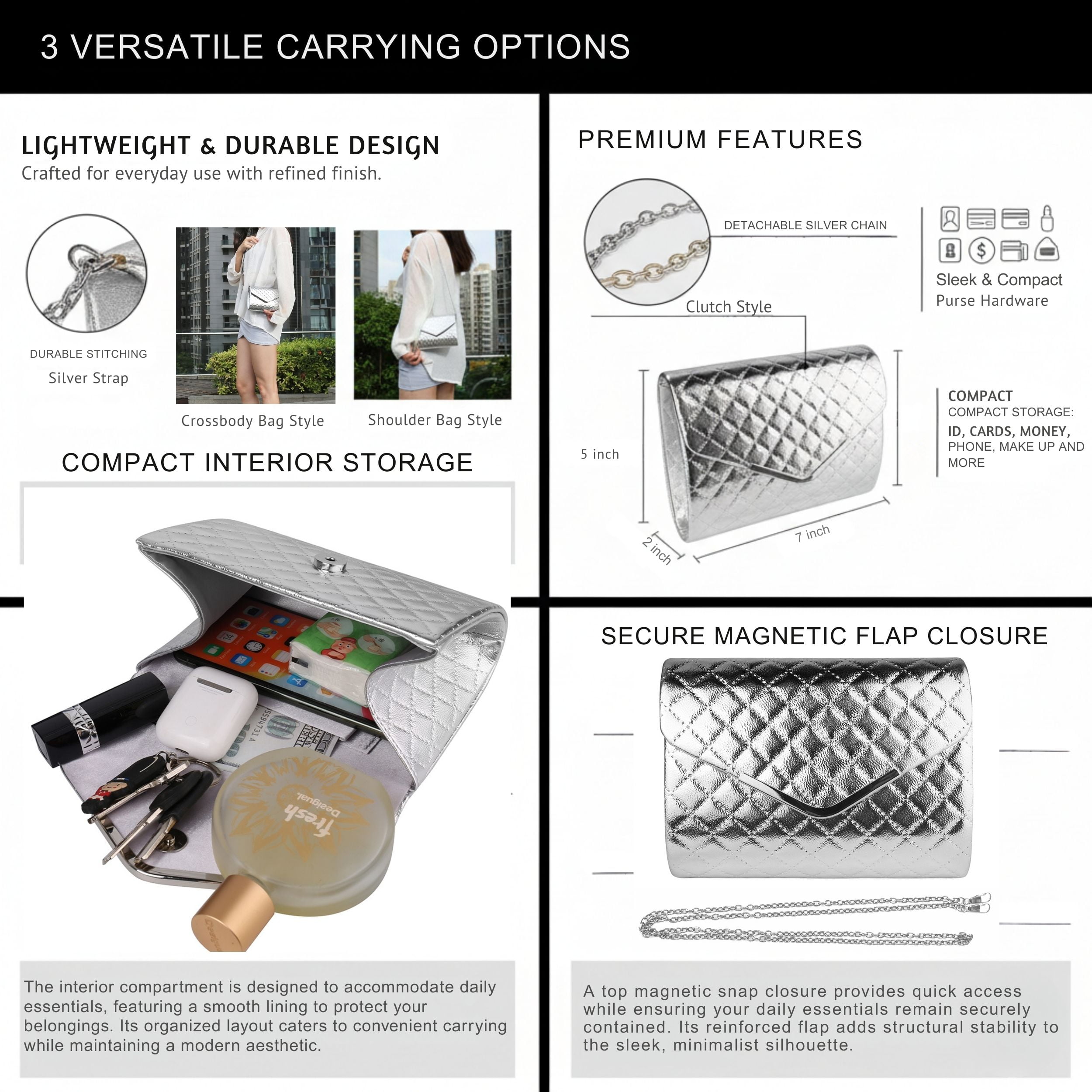 Quilted Texture Clutch Bag with Silver Chain Shoulder Strap for Women Travel Organization
