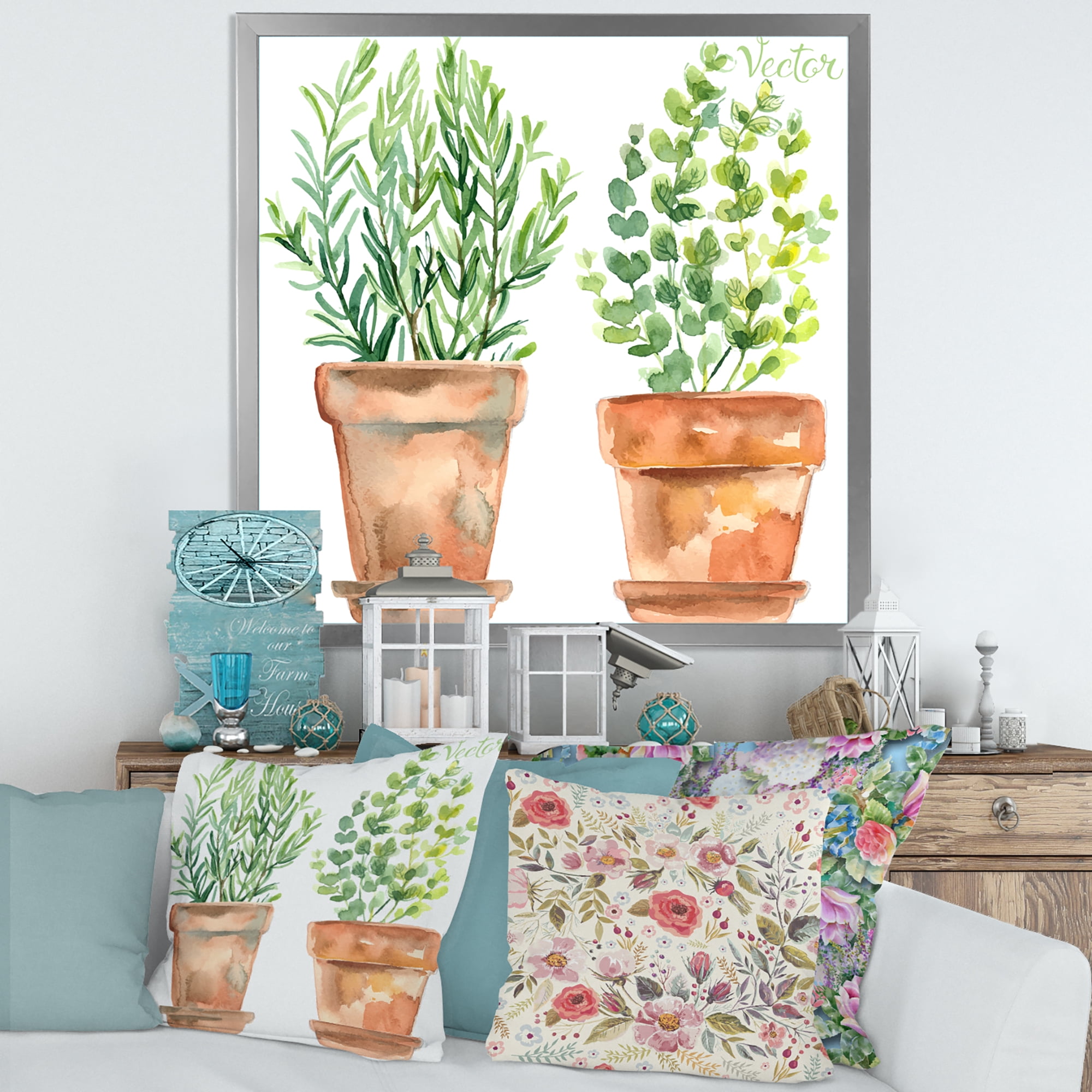 Designart 'Two Green House Plants In Orange Cly Pots' Traditional Framed Art Print