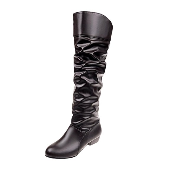 EKVAHL Women's Knee High Slouchy Boots, Pull On Faux Leather Ruched Tall Boots, Low Heel Fall Occasion Casual Dress Boots Brown