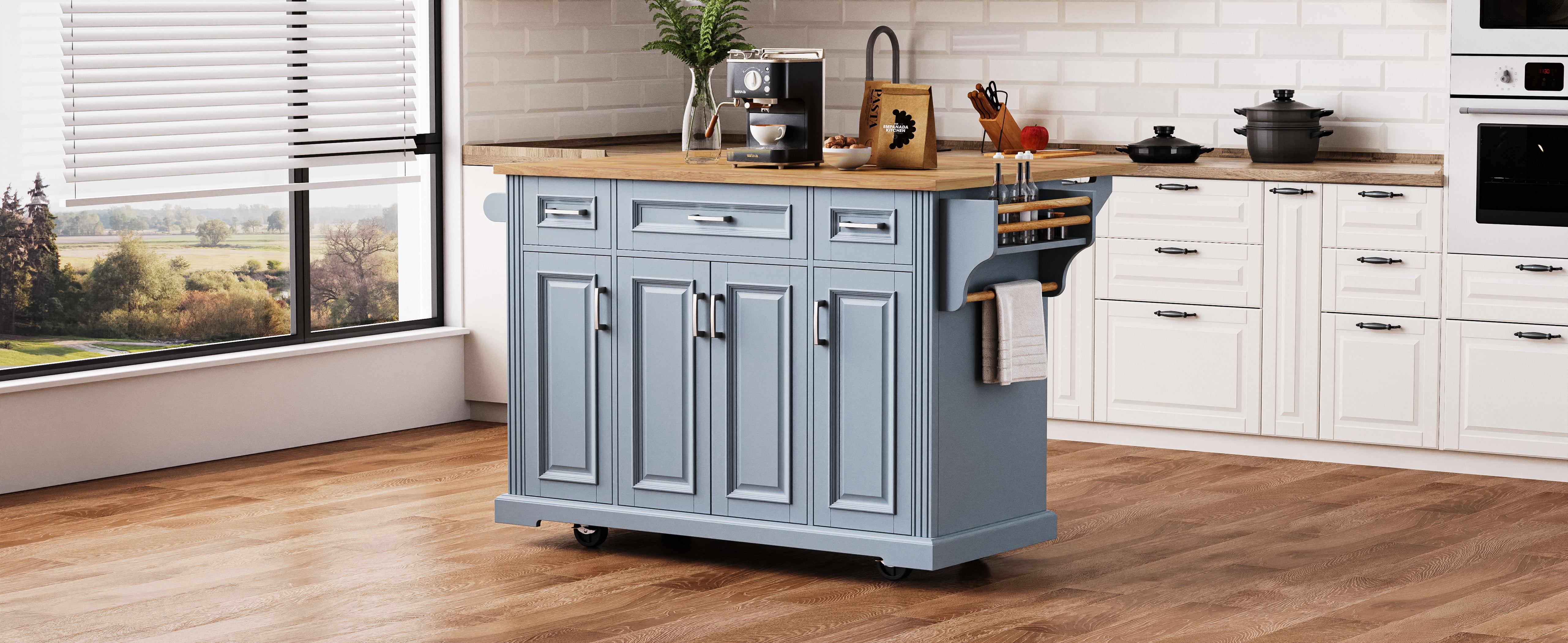 Kitchen Island with Drop Leaf, 54" Embossed Texture Rolling Cart with 4 Cabinets & 3 Drawers, Large Storage Island on Wheels for Kitchen