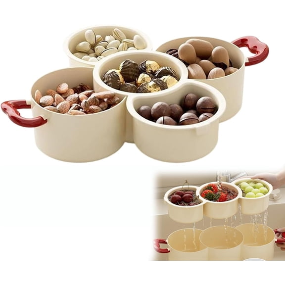 2-Tier Divided Serving Platter with Handle, Stackable Multifunctional Fruit Vegetable Tray with Drain Basket, High-End and Exquisite Dried Fruit Platter, Candy Box, and Snack Display Tray (Beige)DSF