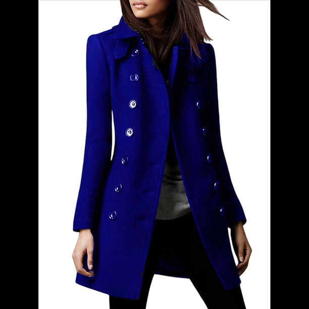 Abrigo Cruzado de Invierno para Mujer, Elegante Abrigo Tipo Gabardina de Mezcla de Larga con Cuello de Solapa y Botones Azul M