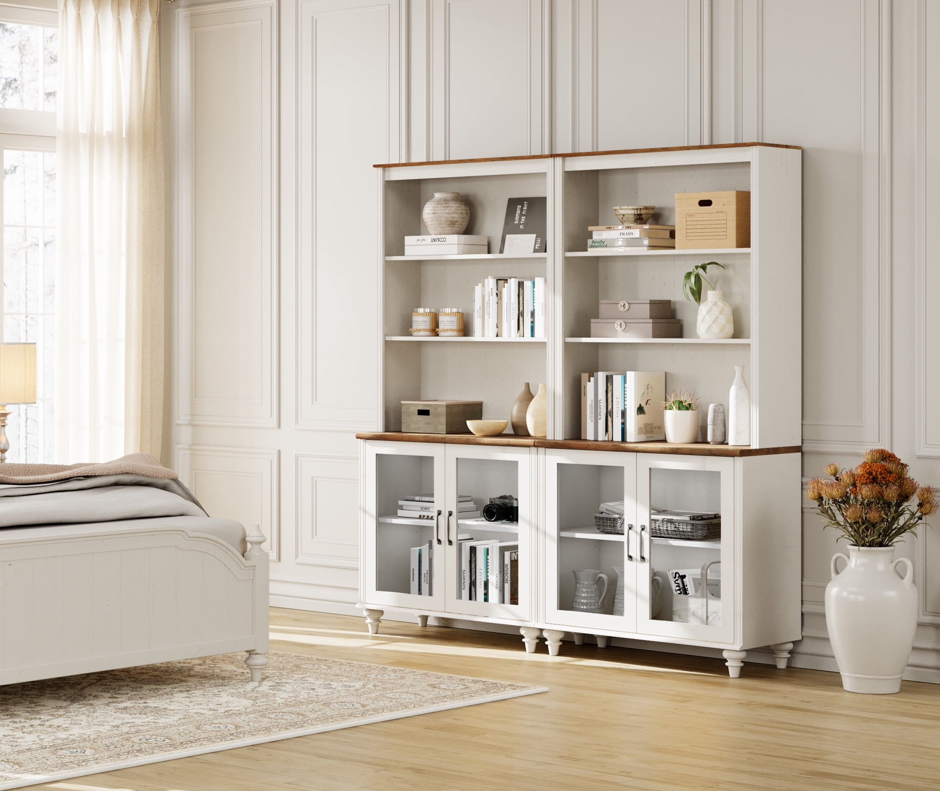 Entertainment Center with Bookshelves with Glass Doors & Drawer, Farmhouse Wall Unit TV Stand for TVs up to 75", Media Console Table for Living Room, Bedroom & Home Theater, White