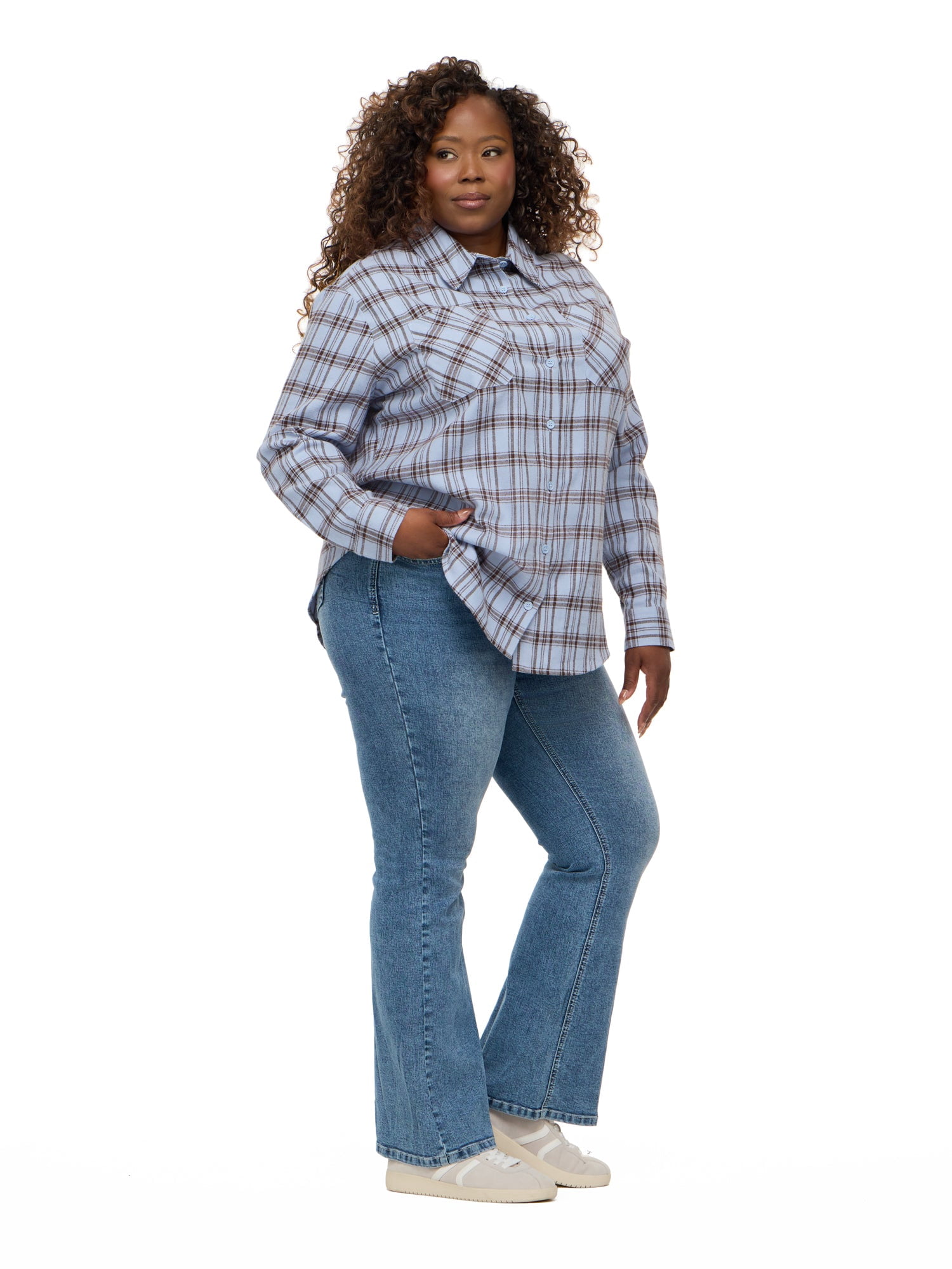 Forever 21 Women's Oversized Plaid Brushed Flannel Shirt with Patch Pockets, Long Sleeve 100% Cotton, Blue Plaid, XXS-4X