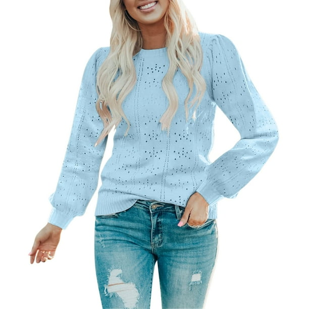 Gibobby Suéter para mujer, Suéter de manga larga con cuello redondo para mujer, de punto grueso, cálido(Azul claro,XG)