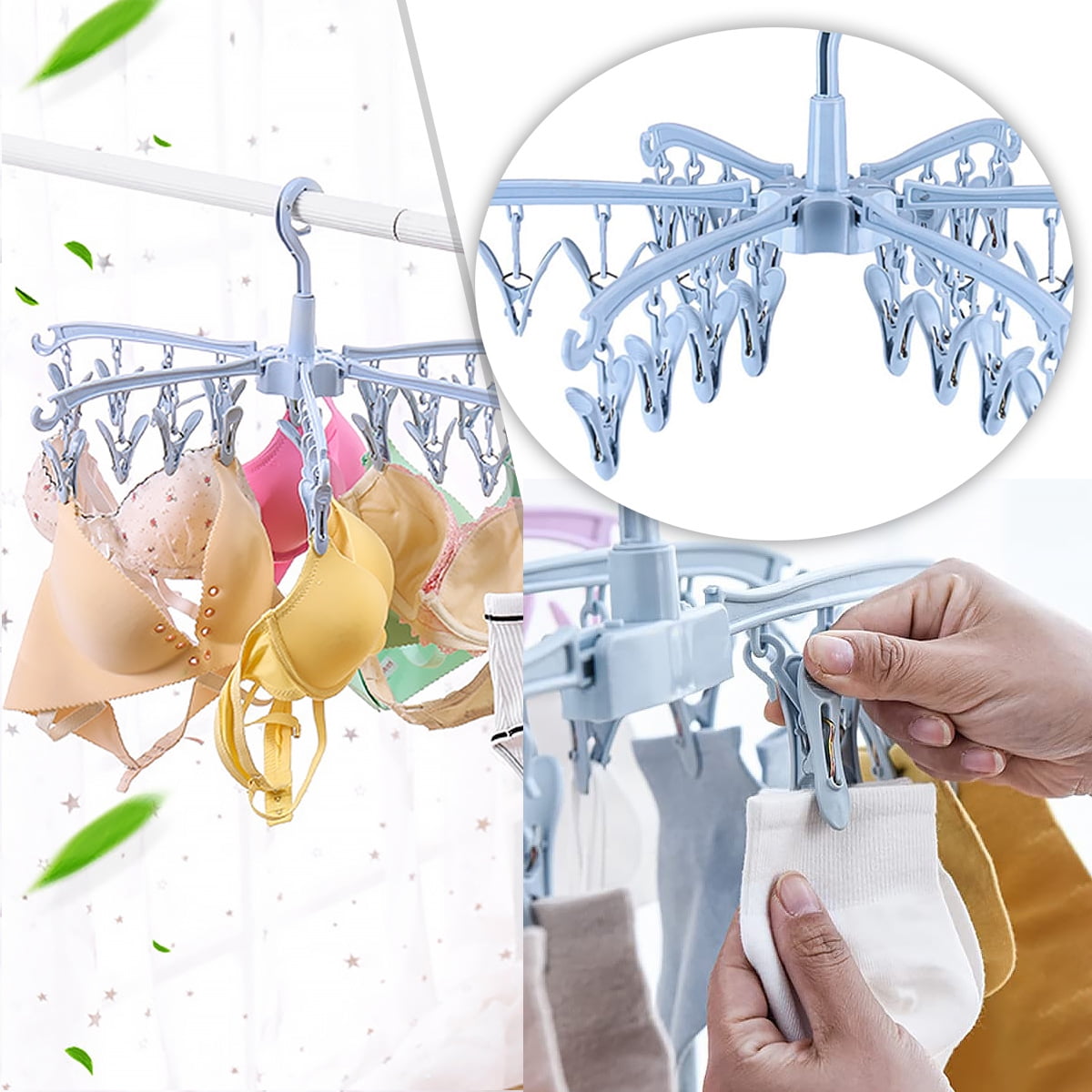 Hvxrjkn Sock Drying Rack 24 Clips Plastic Laundry Clothes Hanger Rotatable Hanger Dryer Foldable Portable for Socks Underwear Baby Clothes