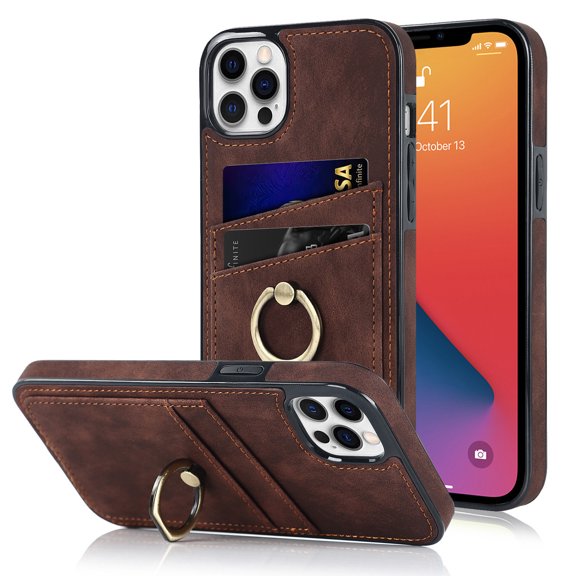 Allytech for iPhone 12 Pro Max 6.7 inch Slim Card Slots Case,Luxury PU Leather and Soft TPU Shockproof Anti-Scratch and Anti-Drop Finger Ring Stand Back Phone Cover.For iPhone 12 Pro Max,Coffee
