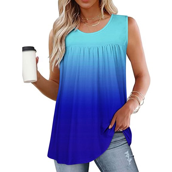 Uaswgudfs Women's Gradient Color Crew Neck Summer Tank Tops - Casual Sleeveless Loose Fit Blouses, Flowy Tunics Tops