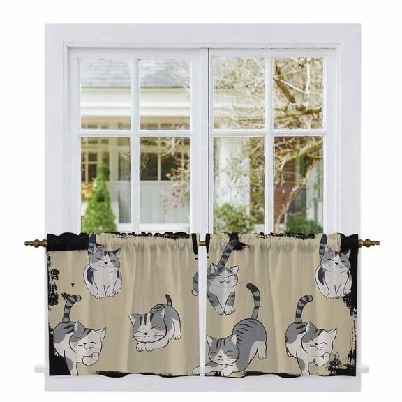 Cute Cat Tier Curtains 36 Inch Length, Black Beige Vintage Animal Cafe Short Curtains for Bathroom Over Sink, Small Kitchen Curtain Light Filtering Tiered Drapes 2 Panels 27.5"Wx36"L
