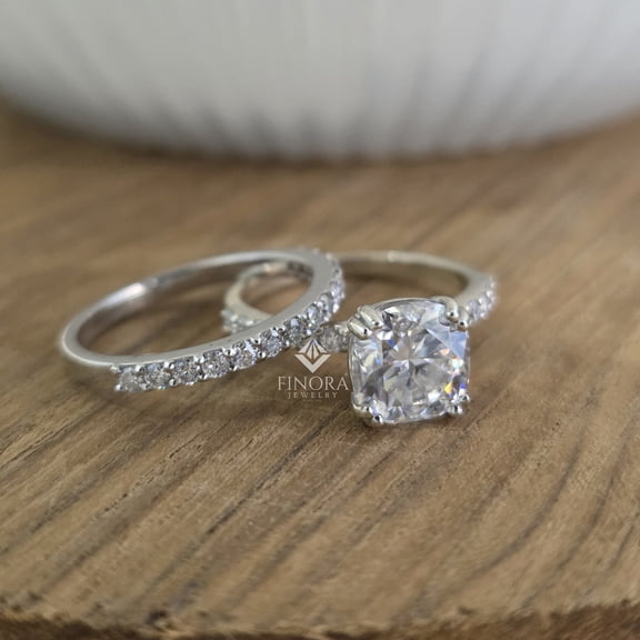 Cushion Cut Moissanite Bridal Set – 925 Sterling Silver Engagement Ring & Matching Wedding Band – Halo Cushion Moissanite Ring Set for Women – Anniversary & Wedding Gift