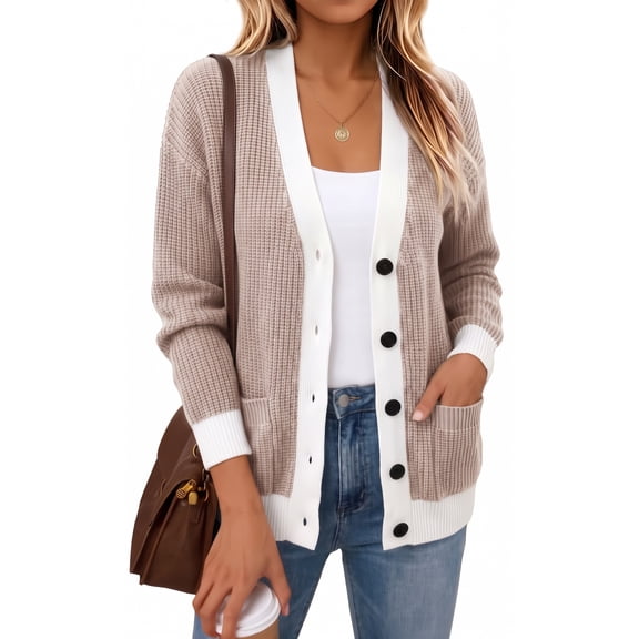 WQD Cardigan Sweaters for Women Button up Long Sleeve Knit Cardigan with Contrast Trim and Pockets for Spring Fall Winter