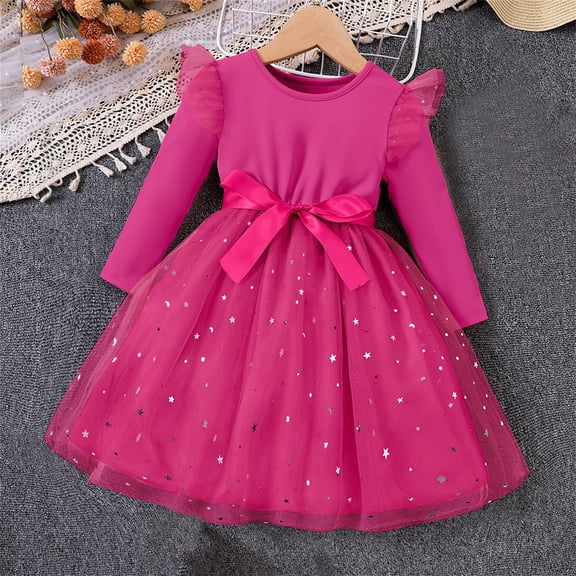 Girls Tulle Dress with Bow, Princess Party Dress with Long Sleeves, Children's Bow Waist Dress for Birthday Flower Girl and Special Occasions, Age 1-8 Years Hot Pink 100