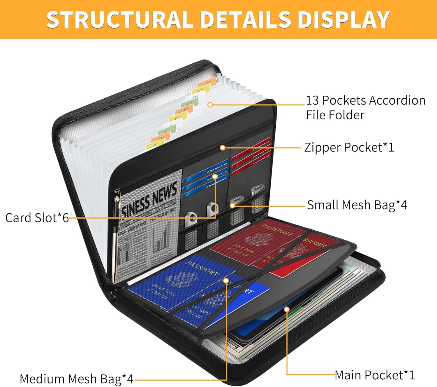 Fireproof & Waterproof Accordion File Organizer, 13-Pocket Expanding Document Organizer with Handle & Labels, Durable Heat-Resistant Folder for A4/Letter Files, Portable Business Fire Safe Storage