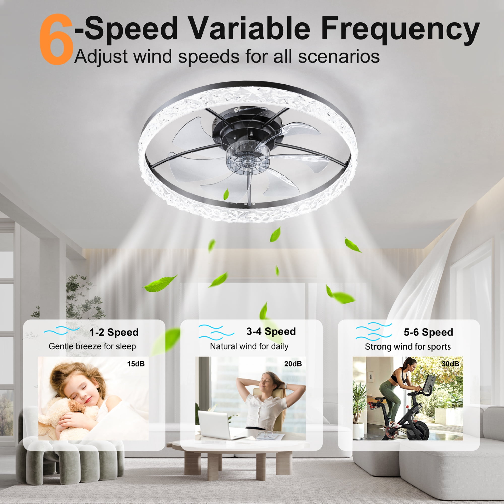 Leumius 23.6" Ceiling Fans with Lights Remote and APP Control, Dimmable 3-Color and 6-Speed quiet DC Motor, Ceiling Fan for Living Room Bedroom Black