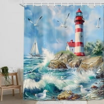 Lighthouse Shower Curtain,Ocean Wave Beach Seagull Shower Curtain for Bathroom Decor,Nautical Sailboat Blue Sky Lighthouse Cottage Bath Curtains,Washable Fabric Bathroom Decor with Hooks 47X64in