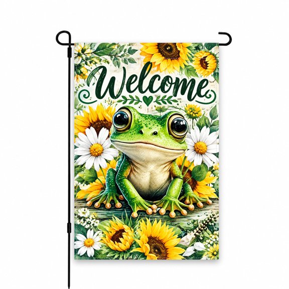 Welcome Garden Flag 12 x 18 Inch, Green Frog with Sunflowers and Daisy Floral Design, Spring Summer Outdoor Yard Flag for Garden Lawn Patio Porch Decor