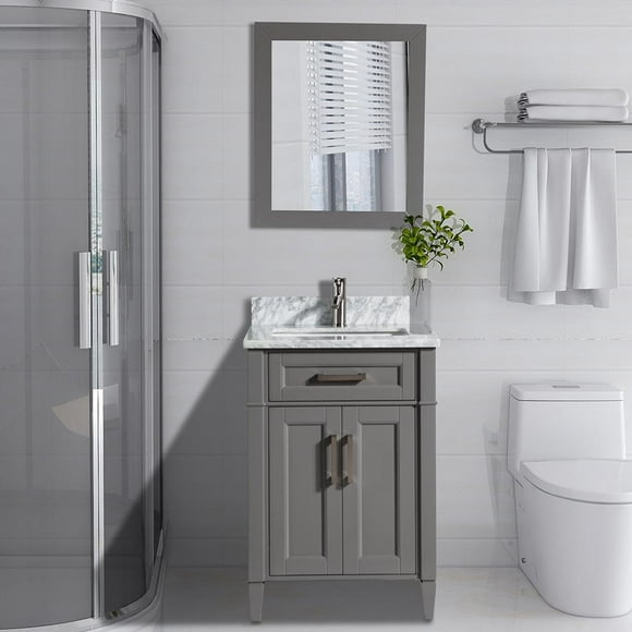 Vanity Art 24 in. W Single Sink Modern Bathroom Vanity with Carrara Marble Stone Top and Free Mirror