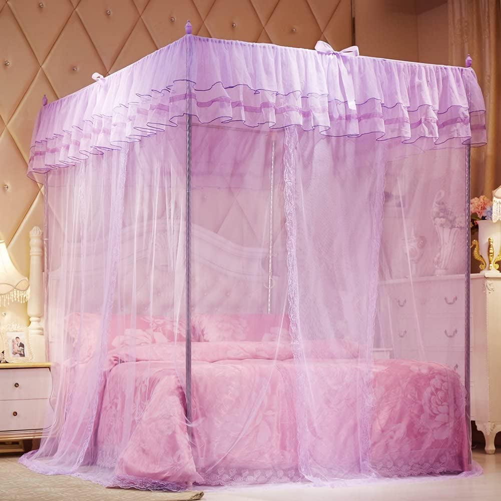 CAILDANL 4 Corners Post Pink Canopy Bed Curtain for Girls & Adults - Cute Cozy Drape Square Netting for Twin Bed - 4 Opening 45" W x 80" L Mosquito Net